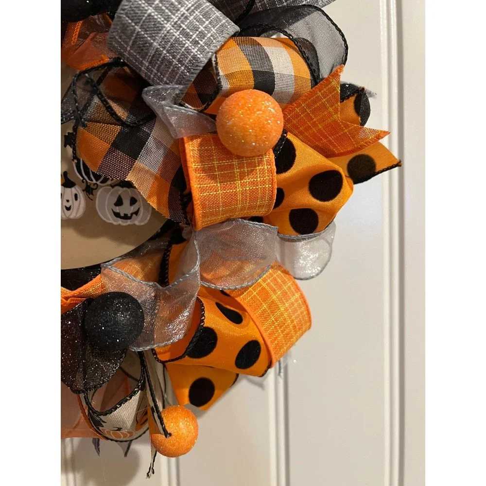13 inch Halloween Ribbon Wreath Black Cat MW6